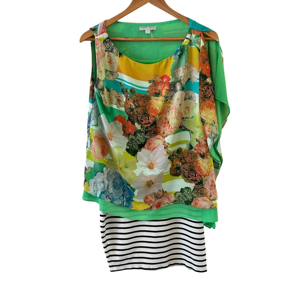 Alberto Makali Mixed Media Sheath Tunic Top Womens S Asymmetric Layered‎ Floral